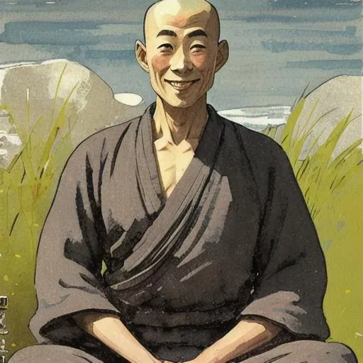 Prompt: Zen monk smiling in the style of Winslow Homer.