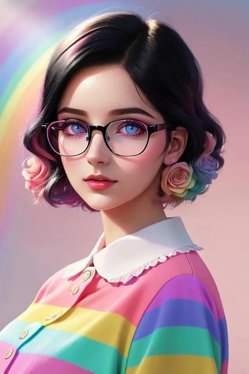 Prompt: soft female, perfect face, beautiful girl, rainbow background, black hair with rainbow highlights, pink clothes, soft lighting, hopeful, british, Illustration, Concept art, Digital, Perfectly drawn, background with rainbows and roses, blue eyes, glasses, british, goth outfit, collar, bangs