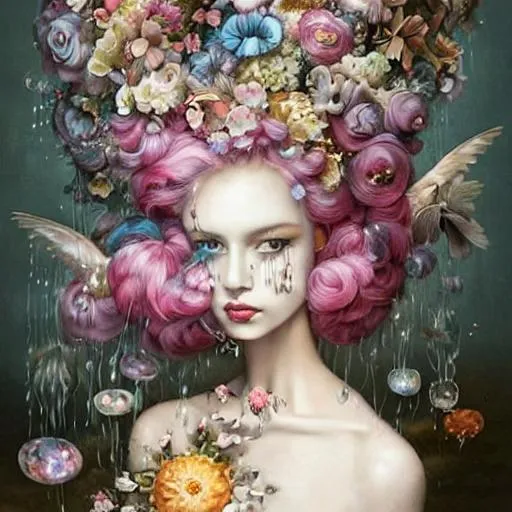 Prompt: realistic painted still life beautiful flowers by ambrosius bosschaet!!!!!, camilla d'errico, fluffy cotton candy clouds, iridescent chandelier drops, iridescent water drops, perfect facial features, beautiful model face, symmetrical face, broken clock pieces in sky, floating spiral staircase, nicoletta ceccoli, daniel merriam art, jennifer healey art, fantasy art, cotton candy dreams, renaissance gown, bubbles floating in the sky, iridescent water drops, cracked clock pieces floating in sky, floating spiral staircase, dressform, crystal chandelier drops, beautiful cracked porcelain face, fairy dreams, glitter sparkles, symmetrical face, daniel merriam art, hyper realistic flower bouquet painting,  soft shadows, stunning, dreamy, elegant, perfect face, sparkles, Beautiful goddess, Haute Couture, princess dress, joseph karl steiler art, muted colors, fairy wings, symmetrical steampunk, muted colors, fairy wings, architecture illustrations 1800s, garden of roses and peonies background, ultra detailed, soft lighting, infinite depth, incredibly detailed, ultra realistic, high index of refraction, hyper realistic elegant smooth sharp clear edges, wide angle perspective, ultra realistic, sense of high spirits, volumetric lighting, occlusion, Unreal Engine 5 128K UHD Octane, fractal, pi, fBm