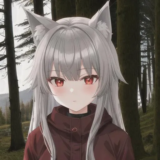 Prompt: Wolf girl with gray hair and red eyes around 15 years old in the woods at night cabin in the background 