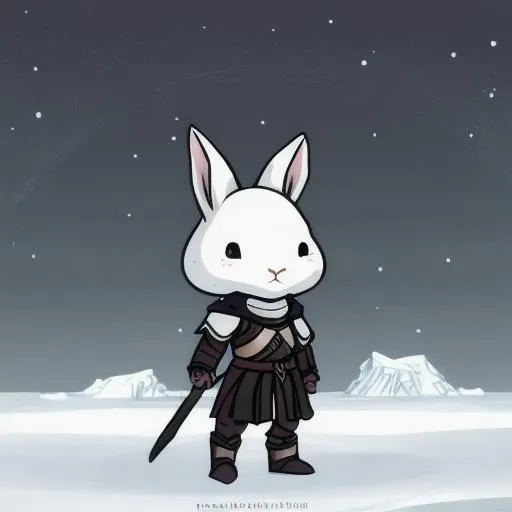 Prompt: Smol white rabbitfolk paladin in dark black armor. They have an axe stored on their back. The background is a winter arctic landscape with no trees.