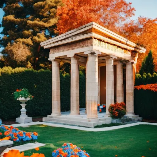 Prompt: A small garden of orange roses and blue morning glory flowers, toppled Greek column, autumn vibes, clean, peaceful, blue sky. a unicorn in the background.