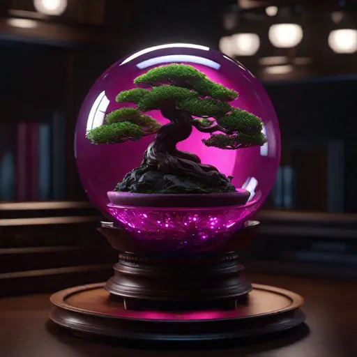 Prompt: "A beautiful miniature magenta bonsai tree trapped inside a glass orb - 8k resolution concept art hyperdetailed Unreal Engine hyperrealism resin cast Middle-Earth beautiful mysterious photorealistic hyperdetailed intricate geometric flickering light entangled Symmetry"