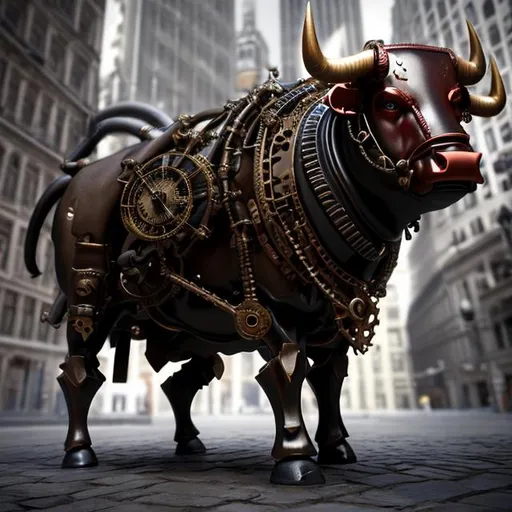 Prompt: a bull in a business suit, standing in the stock market, in the style of steampunk art, dark black and dark red, steampunk, flickr, charming characters, marine painter, hd --ar 10:13