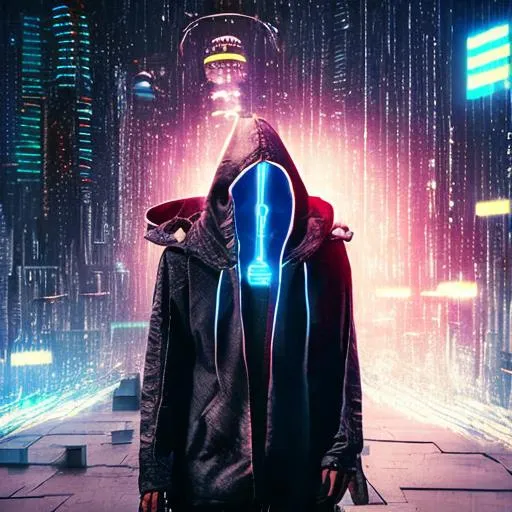Prompt: Quality, detailed, 8k, cyberpunk, hooded figure, glowing mask, neon back lighting, air particles, heartbroken, dressed in white, handsome