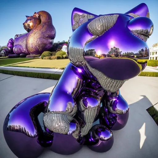 Prompt: ((((giant cat playing guitar) purple chrome statue inlaid with diamonds) in the style of Jeff Koons) wide perspective view) infinity vanishing point