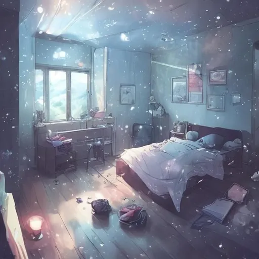 Prompt: a anime boy crying, crouched alone in the corner of his bedroom, with thoughs about love and his loneliness going through his head, i want to see this thoughts. The bedroom looks like the space.