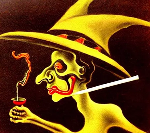 Prompt: a witch smoking dali style painting