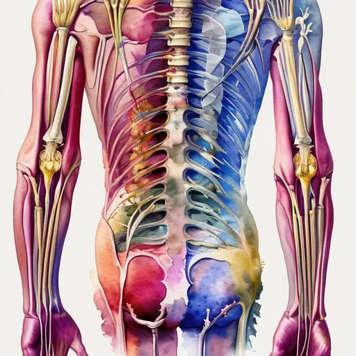 Prompt: watercolour art, anatomy of the human spine, with summer flowers intermeshed amongst the anatomy
