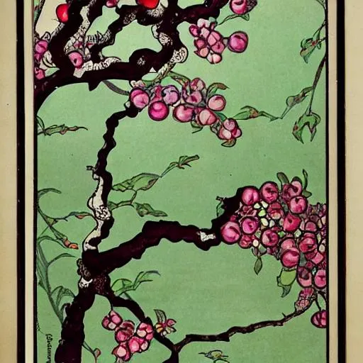 Prompt: Ad, cherry tree in the middle, art nouveau, asian, art deco, text, ad