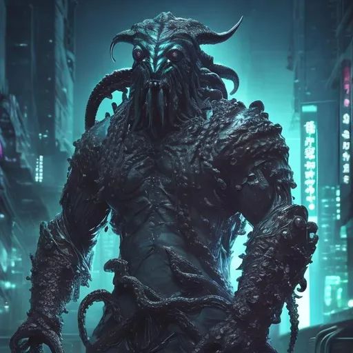 Prompt: Kraken 20% human 80%. futuristic. Part bionic. Muscular, neo Tokyo. Dark. Moody. Visceral. Harsh shadows. King Triton armour. Mostly human