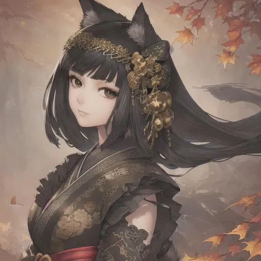 Prompt: masterpiece, illustration, best quality:1.2), 1girl, solo, black hair , finely detailed, detailed face, beautiful detailed eyes, black eyes, beautiful detailed shading, beautifully detailed background, black kimono, fallen leaf, autumn, cute, animal ear