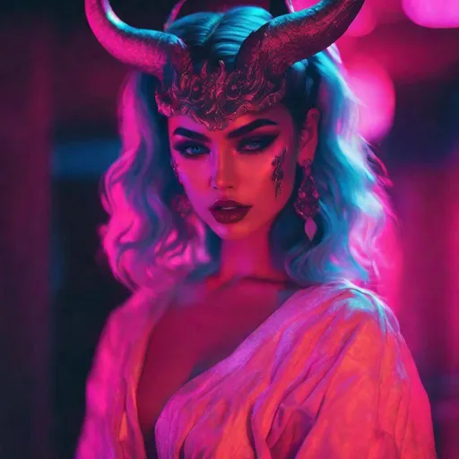 Prompt: beautiful female demon, hell, demonic, vaporwave, retro, neon, aesthetic, liminal, high quality, high definition, beautiful, dramatic lighting