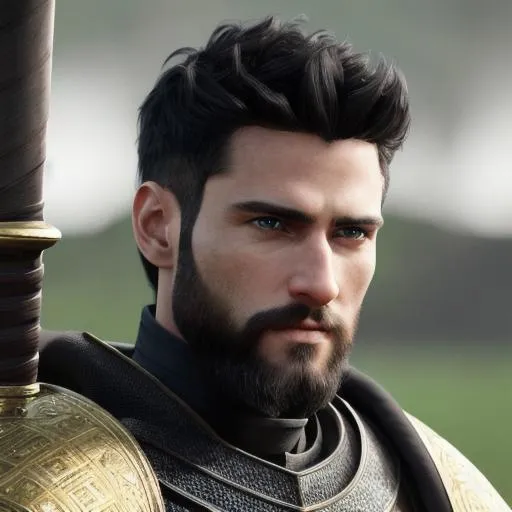 Prompt: Very Detailed Photo of a handsome adult human male warrior looking at camera, wearing a black breastplate, “fade cut” black hair style, very detailed short beard, a banded medieval black quarterstaff with a few gold rings around across left shoulder, UHD, 8K, realism, correct perspective 