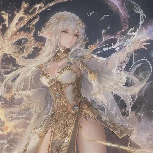 Prompt: masterpiece,best quality,CG,wallpaper,HDR,high quality,high-definition,extremely detailed, perfect fingers, beautiful hands, (a battle scene of a young beautiful woman elf holding mage staff, mage aura, wearing intricate mage robe, golden iris, short white luscious hair, beautiful detailed face features, digital painting by WLOPP, greg rutkowski, JunYoung shin, CL, kim sung hwan, symmetrical facial features, accurate anatomy, sharp focus, smooth, hyper-detailed, hyper-realistic, fashion, subtractive lighting, 16k, full body)