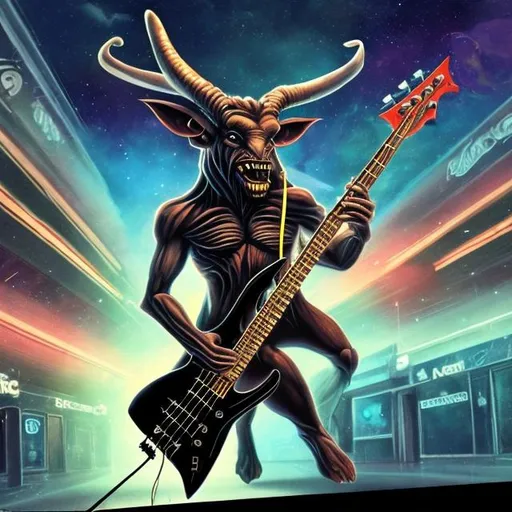 Prompt: Ectomorphic Minotaur playing bass guitar in a busy alien mall, widescreen, infinity vanishing point, galaxy background
