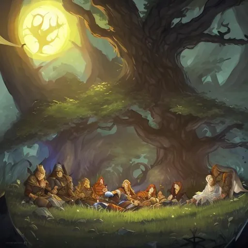 Prompt: DND characters sleeping under a tree at night, high quality
