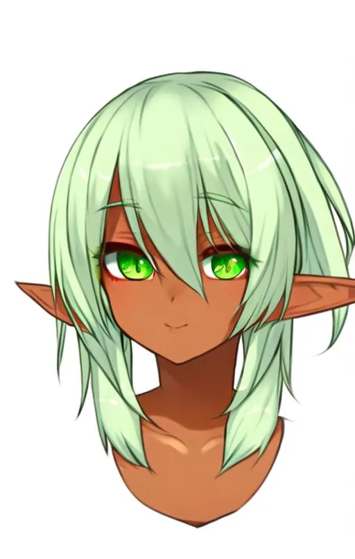 Prompt: Portrait of a cute elf girl with tanned skin, white hair and green eyes.