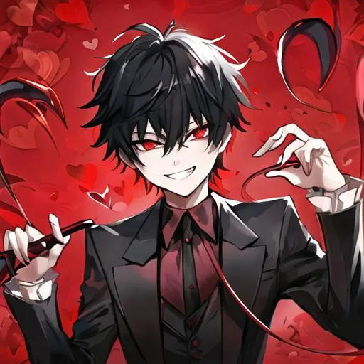 Prompt: Damien (male, short black hair, red eyes) grinning seductively, holding a whip, hearts around him
