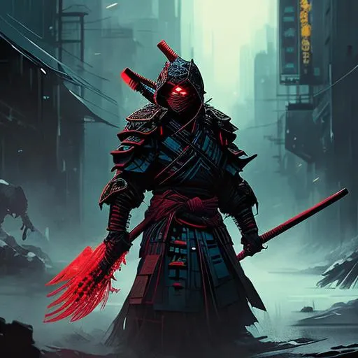 Prompt: ronin holding muramasa, terrifying, dark red and teal tones, intimidating, trending on artstation, fighting on the beach, action shot, panning effect in background, digital painting, night, Dark art, intricately detailed, octane render, other wordly, 100mm lens, intricate detail, book cover, dark fantasy concept art, 8k, deviantart, cinematic lighting, dramatic lighting.