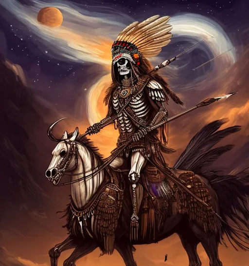 Prompt: illustration of ((human skeleton wearing an Apache Indian chief headdress of eagle feathers)), riding a black horse, full length body, ((drawing bow and arrow)), aiming at sky, galaxy starry night sky background, high contrast lighting, high-resolution, 4k render