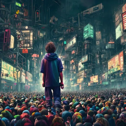 Prompt: A protagonist in his Colorful painted shown in a Disturbing daily life scene, in the middle, eyes closed, in a moving big human crowd, cinematic city with a industrial touch, dramatic sky, big scene, realistic, 4k resolution, 35mm lens, a bit dreamy, details