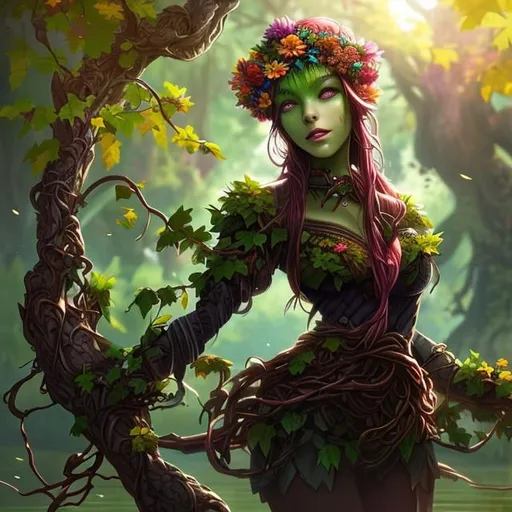 Prompt: Anime, Beautiful Treant woman, colorful flowers (green skin:1.3), brown straight vines, face made out of vines, flowers, waist deep in water, by wlop