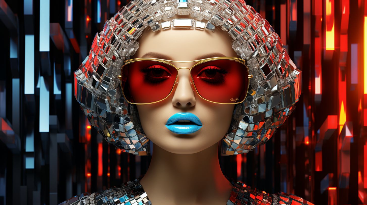 Prompt: 3D render of a futuristic woman, draped in glistening, iridescent clothing and ornaments. Her expansive sunglasses, intricately fashioned, mirror a grid pattern that also appears in her backdrop. The attire harmoniously melds with the radiant digital shades, while her striking red lips provide a notable contrast amid the kaleidoscope of colors.