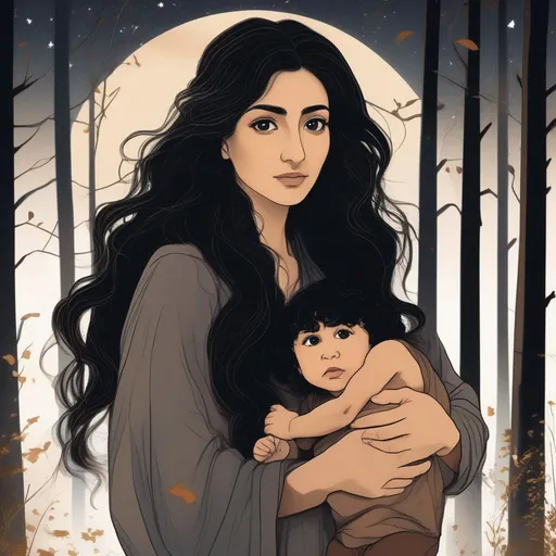 Prompt: highest quality anime art masterpiece, digital drawing, Azerbaijani woman with long black thick wavy messy hair:vistani, carrying a child in her arms, round face, broad cheeks, sad in a forest on a dark foggy night, big brown eyes, tanned skin:2, waxing moon, huge long wide broad hooked greek aquiline algerian oriental arabic nose, flat chest, ethereal, jewelry set, highres, realistic, highly detailed, fantasy, gypsy, roma, D&D, Ravenloft, by Ilya Kuvshinov
