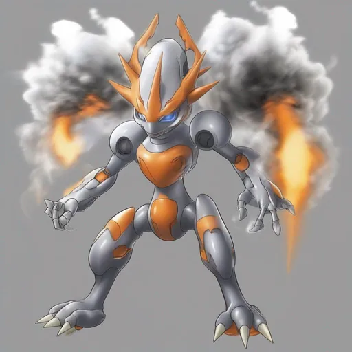 Prompt: Digimon which envelops its whole body with a smoke-like vapor. It scatters the Smoke issuing from its body all around, then seizes the opportunity to flee., colors are various shades of gray and a bit of orange, Masterpiece, best quality