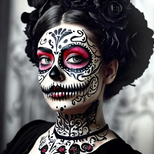 Prompt: Victorian era woman dressed in black with calavera face painting. 