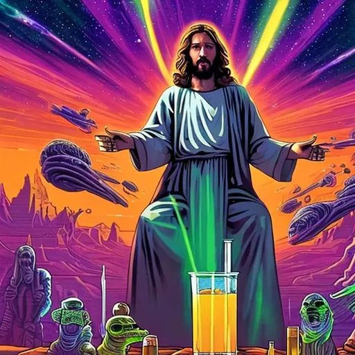 Prompt: widescreen, photo, painting, longshot, wide view, overhead lighting, jesus with his alien jesus brother smoking a clear crystal bong at the bar, in an exotic space cantina, vibrant galaxy background, surprise me