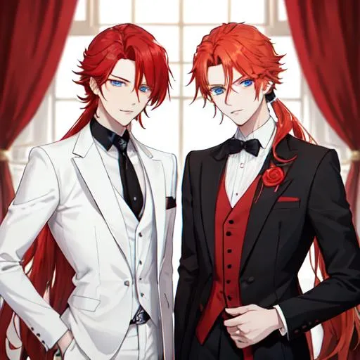 Prompt: Zerif 1male (Red side-swept hair covering his right eye) and Erikku 1male (ginger hair, blue eyes) wearing suits at a wedding