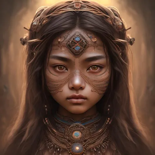 Prompt:  portrait of tribal woman, mongolain,smooth soft skin, big dreamy eyes, beautiful intricate dark hair, symmetrical, anime wide eyes, soft lighting, detailed face,, wearing many color necklace ,digital painting, looking into camera