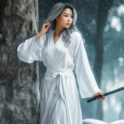 Prompt: create best quality photograph of beautiful female ninja who is wearing all white ninja style robes,  matching background for the character, detailed face, extremely detailed environment, extremely detailed background, extremely detailed skin, extremely detailed clothing, natural colors , professionally color graded, photorealism, 8k, realistic, moody lighting, galactic environment, volumetric lighting