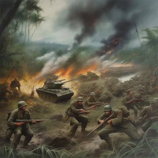 Prompt: A painting of a military fort intensely fierce firefight in a Vietnam jungle by a creek guerilla warfare, trench warfare, bloody, raid, convoy, army, large, grenade explosions  Dark fantasy battle, big battle of two armies,
Several warriors are wounded on foreground, some warriors are fighting on foreground, some blood stains on grass, clouded sky in background, rain, thunderstorm in background, green grass, distant mountains in background
Drawn in retro fantasy style, coloured