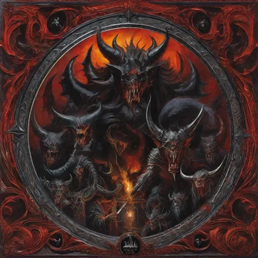 Prompt: masterpiece, 64k, award winning, high resolution, heavy metal album cover, demons, demonic, fiends, devils