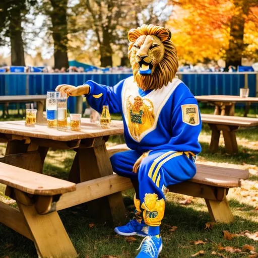 Prompt: happy lion about to drink from a large German style stein of beer wearing a gold and royal blue track suit at a picnic table in a festival beer garden with fall foliage