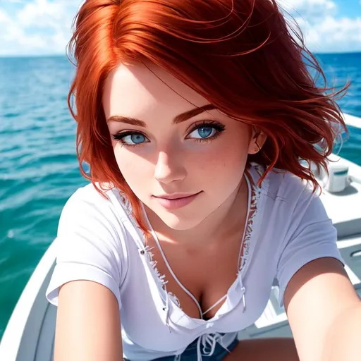 Prompt: portrait, seen from above, 20 years girl, medium lenght redhead hair with dark brown highlight, light green eyes, blue crystal clear water, lying on the deck of a wooden sailboat, light makeup, short sleeves cropped white hoodie, frayed hem ripped high waist denim shorts, flip-flop, happy, cloudy blue sky, ethereal, wild hair, extra sunny, royal vibe, highly detailed, detailed and quality background, oil painting, digital painting, Trending on artstation , UHD, 128K,  quality, Big Eyes, artgerm, highest quality stylized character concept masterpiece, award winning digital 3d, hyper-realistic, intricate, 128K, UHD, HDR, image of a gorgeous, beautiful, dirty, highly detailed face, hyper-realistic facial features, cinematic 3D volumetric