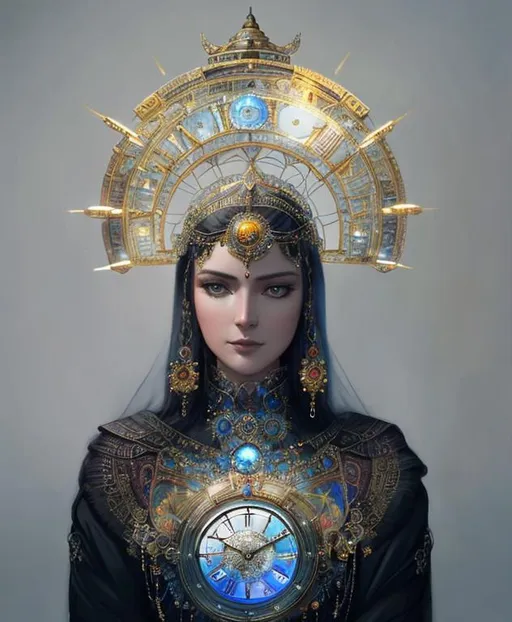Prompt: A time clock beautiful goddess. She controls the time. Clocks parts all over her body. Opalescent skin. Intricate metallic details. An art deco background. Art by Greg rutkowaski, Karol bak, catrin Welz-Stein, Josephine wall, Sherry Akrami, Alex Alemany. Best quality, cinematic smooth, highly detailed, beautifully lit. A beautiful 