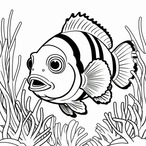 Prompt: create a simple, cute, but realistic, large, animal drawing of a clown fish in thick black outline, black lines only leaving space for kids to color in, include minimal landscaping relating to the animal. Drawings to be suitable for a kids coloring book ages 2-5, make sure not to use existing works.