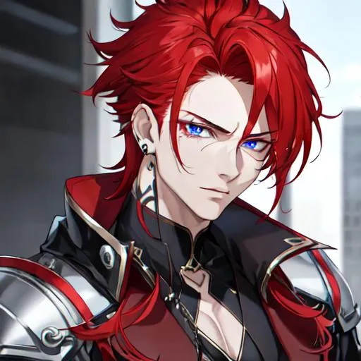 Prompt: Zerif 1male (Red side-swept hair falling between the eyes, sharp and sassy blue eyes), casual outfit,  Black piercings, highly detailed face, 8K, Insane detail, best quality, UHD, handsome, flirty, muscular, Highly detailed, insane detail, high quality. 