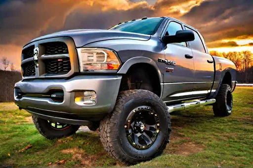 Prompt: long shot scenic professional photograph of a gray 2007 Dodge Ram truck. Pocono Mountains. Perfect point of view, highly detailed, wide-angle lens, hyper realistic, with dramatic sky, polarizing filter, natural lighting, vivid colors, everything in sharp focus, HDR, UHD, 64K.