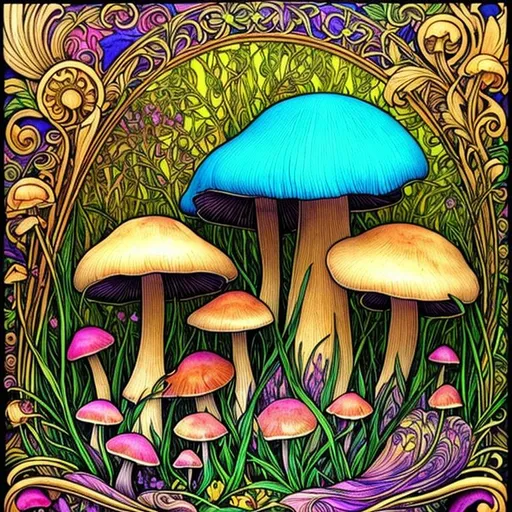Prompt: Mushrooms, trippy, art nouveau, colorful