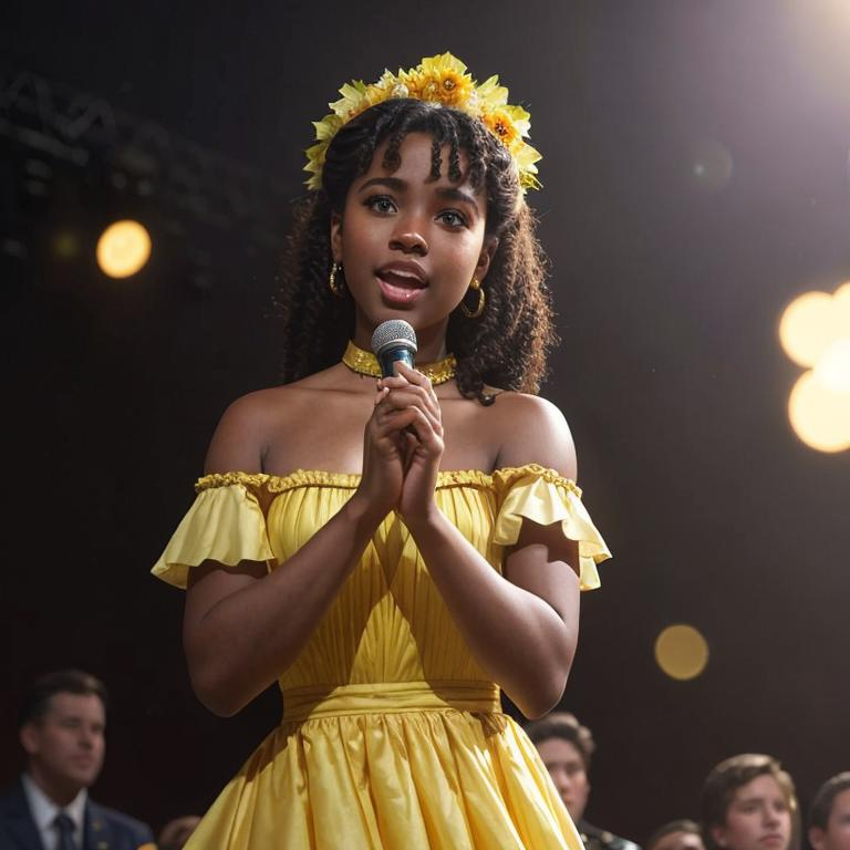 A young black girl singing on a stage with a flowing...