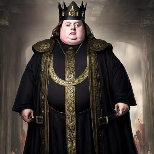 Prompt: brendan fraser, fat, obese, massive, king, emperor, black robe with gold details, fur black crown hat
