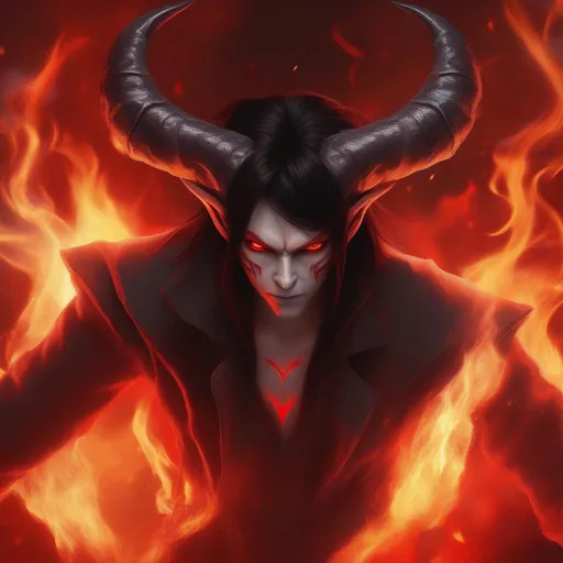 Prompt: realistic, black hair, grey skin, red demon eyes, bright red horns, fire background, hell, souls in background, warm colors,  power, high definition, professional