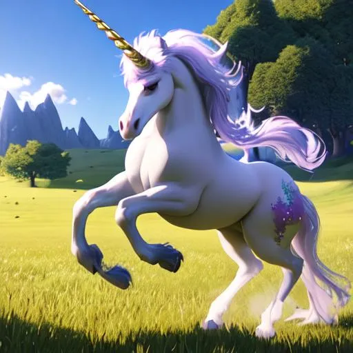 Prompt: High quality 3D blender render majestic unicorn prancing in the meadows unreal engine 5 cinematic smooth, intricate detail, uhd 8k 