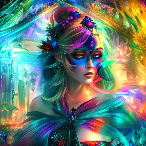 Prompt: beautiful swirl dark chaos vivid bold, 3D, HD, [{one}({liquid  {Goddess}female dressed as Sorceress with {Red Blue green dark-purple}plasma)[::2, expansive psychedelic background --s99500 
