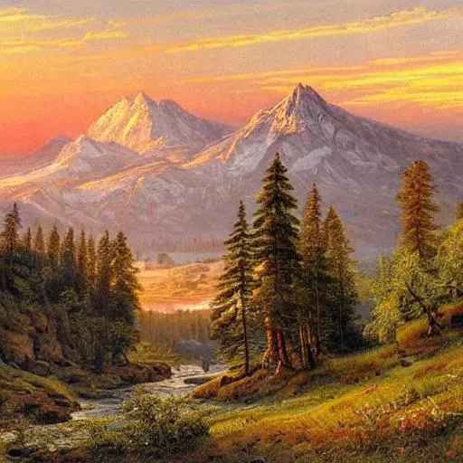 Prompt: Sunset, distant mountain waterfall, open field, landscape, beautiful artwork by ivan shishkin